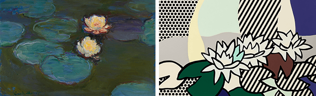 Left: Claude Monet, Nympheas, 1897-8. Image: Los Angeles County Museum of Art, Mrs. Fred Hathaway Bixby Bequest (M.62.8.13) Right: Roy Lichtenstein, Water Lilies with Willow (detail), 1992.